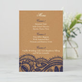 Navy Lace en Kraft Paper Wedding Menu (Staand voorkant)