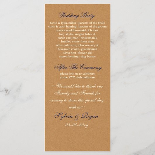 Navy Lace en Kraft Paper Wedding Programmakaart (Achterkant)