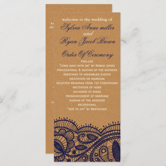 Navy Lace en Kraft Paper Wedding Programmakaart (Voorkant / Achterkant)