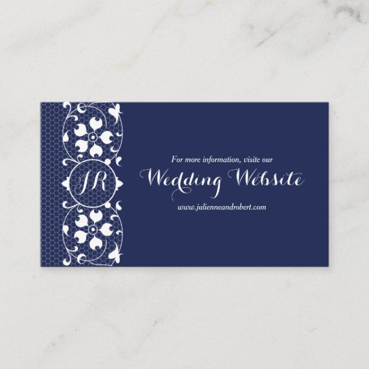 Navy Lace Monogram Trouwwebsite Kaart (Voorkant)