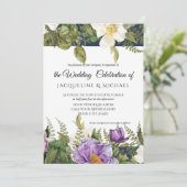 Navy Lavendel Bloemen Ivoor Bruiloft Roos Bladgroe Kaart (Staand voorkant)