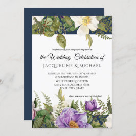 Navy Lavendel Bloemen Ivoor Bruiloft Roos Bladgroe Kaart