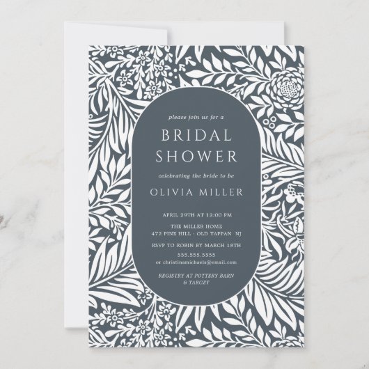 Navy Leaf Floral Bridal Shower Kaart (Voorkant)