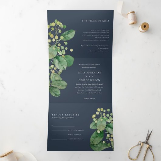 NAVY LEAFY FOLIAGE GREENERY WATERVERF WEDDING DRIELUIK UITNODIGING (Binnen)