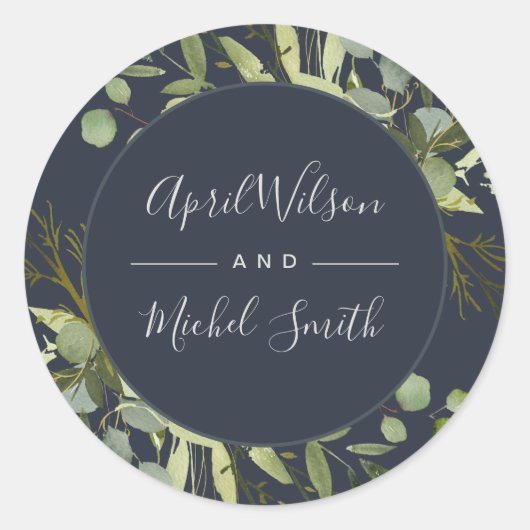 NAVY LEAFY GREEN GOLD FOLIAGE WATERVERF WEDDING RONDE STICKER (Voorkant)