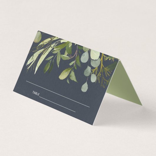 NAVY LEAFY GREEN GOLD FOLIAGE WEDDING PLACE CARD KAART (Voorkant)