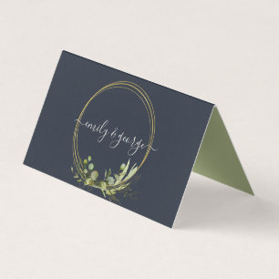 NAVY LEAFY GREEN GOLD FOLIAGE WEDDING PLACE CARD KAART