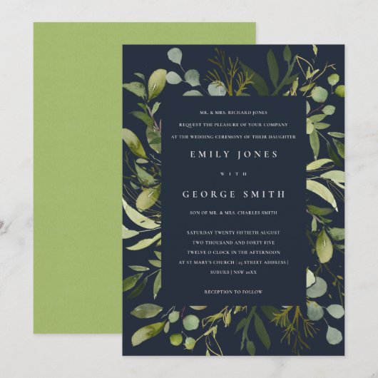 NAVY LEAFY LIJST GREEN FOLIAGE WATERVERF WEDDING KAART (Voorkant / Achterkant)