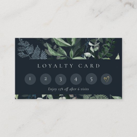 Navy Leafy Tropical Foliage Fern 6 Punch Loyalty Visitekaartje (Voorkant)