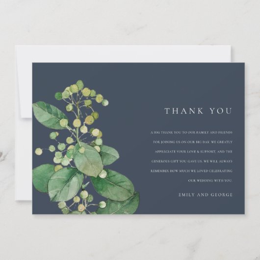 NAVY LEAVES FOLIAGE GREENERY WATERCOLOR WEDDING BEDANKKAART (Voorkant)