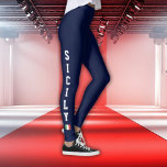 Navy Leggings with Vertical Sicily & Italian Flag<br><div class="desc">Show your sporty style with these navy leggings featuring bold white athletic SICILY text running vertically down both legs, accented by small Italian flag icons beneath each word. The clean, dynamic design gives a strong heritage look perfect for anyone who loves Italian culture or athletic-inspired fashion. Great for wearing to...</div>