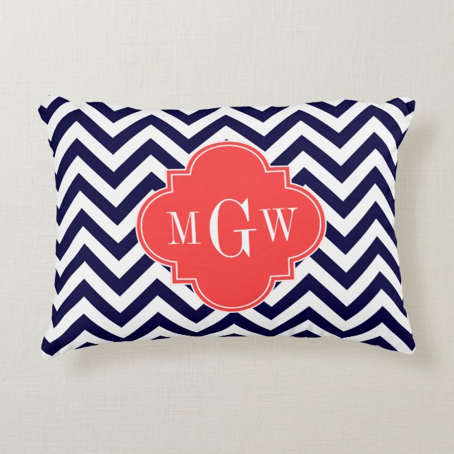 Navy Lg Chevron Coral Red Quatrefoil 3 Monogram Accent Kussen (Voorkant)