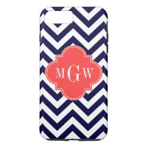 Navy Lg Chevron Coral Red Quatrefoil 3 Monogram iPhone 8/7 Plus Hoesje