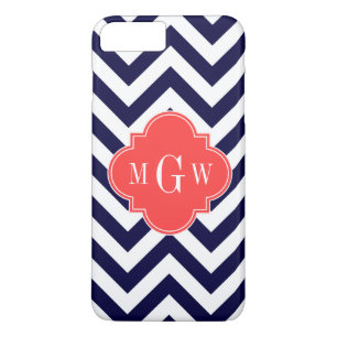 Navy Lg Chevron Coral Red Quatrefoil 3 Monogram iPhone 8/7 Plus Hoesje