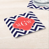 Navy Lg Chevron Coral Red Quatrefoil 3 Monogram Kartonnen Onderzetters (Schuin)