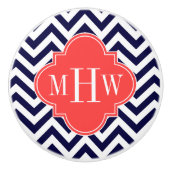 Navy Lg Chevron Coral Red Quatrefoil 3 Monogram Keramische Knop (Voorkant)