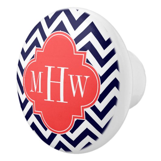 Navy Lg Chevron Coral Red Quatrefoil 3 Monogram Keramische Knop (Rechts)