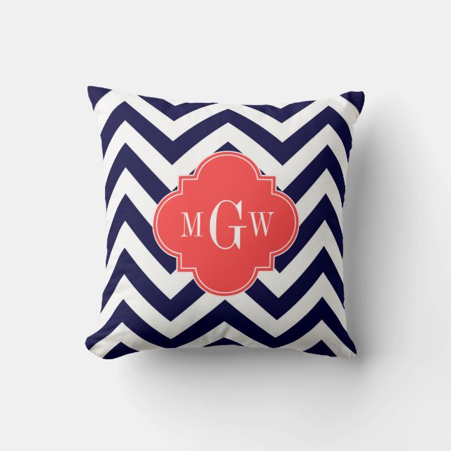 Navy Lg Chevron Coral Red Quatrefoil 3 Monogram Kussen (Voorkant)