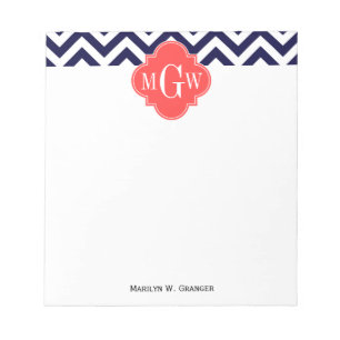 Navy Lg Chevron Coral Red Quatrefoil 3 Monogram Notitieblok