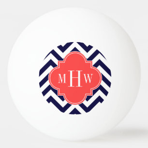 Navy Lg Chevron Coral Red Quatrefoil 3 Monogram Pingpongbal