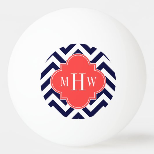 Navy Lg Chevron Coral Red Quatrefoil 3 Monogram Pingpongbal (Voorkant)