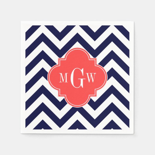 Navy Lg Chevron Coral Red Quatrefoil 3 Monogram Servet (Voorkant)