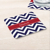 Navy Lg Chevron Cranberry Quatrefoil Name Monogram Kartonnen Onderzetters (Schuin)