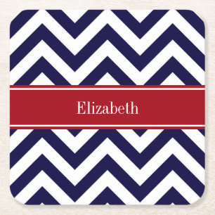 Navy Lg Chevron Cranberry Quatrefoil Name Monogram Kartonnen Onderzetters
