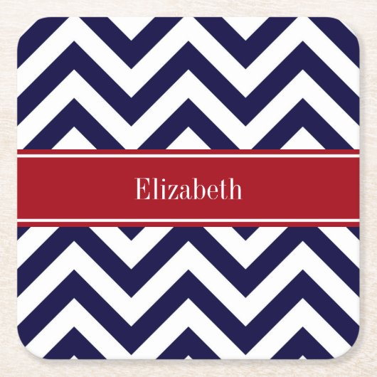 Navy Lg Chevron Cranberry Quatrefoil Name Monogram Kartonnen Onderzetters (Voorkant)