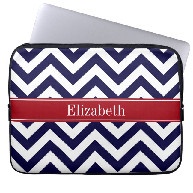 Navy Lg Chevron Cranberry Quatrefoil Name Monogram Laptop Sleeve (Voorkant)