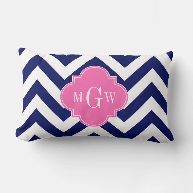 Navy Lg Chevron Hot Pink #2 Quatrefoil 3 Monogram Kussen (Voorkant)