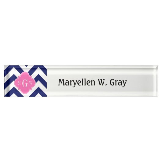 Navy Lg Chevron Hot Pink #2 Quatrefoil 3 Monogram Naambordje (Voorkant)