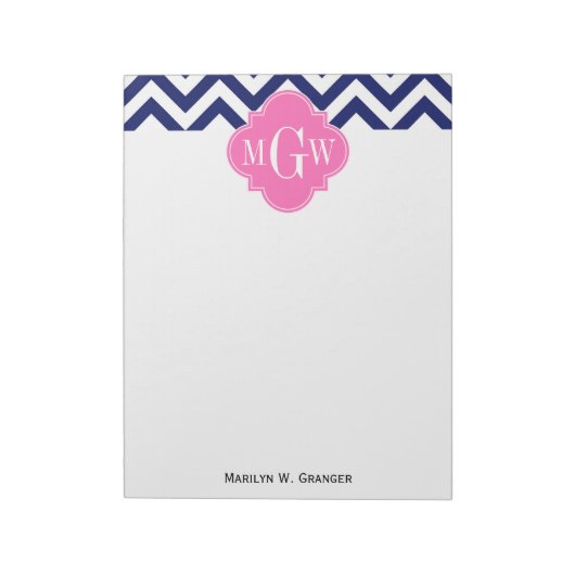 Navy Lg Chevron Hot Pink #2 Quatrefoil 3 Monogram Notitieblok (Linkerzijde)