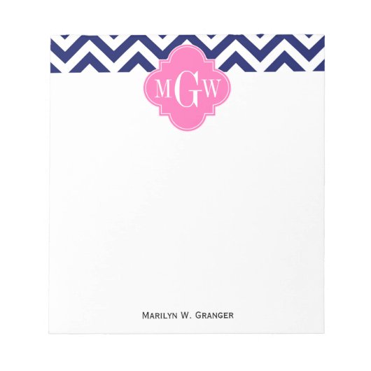 Navy Lg Chevron Hot Pink #2 Quatrefoil 3 Monogram Notitieblok (Voorkant)