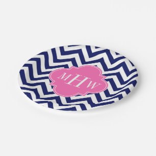 Navy Lg Chevron Hot Pink #2 Quatrefoil 3 Monogram Papieren Bordje