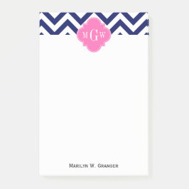 Navy Lg Chevron Hot Pink #2 Quatrefoil 3 Monogram Post-it® Notes