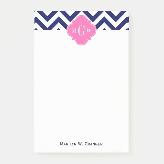Navy Lg Chevron Hot Pink #2 Quatrefoil 3 Monogram Post-it® Notes (Voorkant)