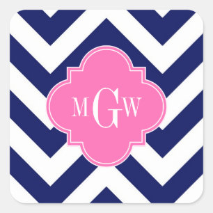 Navy Lg Chevron Hot Pink #2 Quatrefoil 3 Monogram Vierkante Sticker