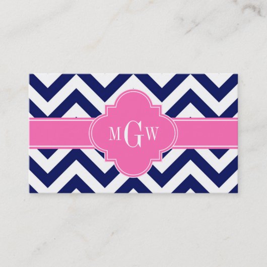 Navy Lg Chevron Hot Pink #2 Quatrefoil 3 Monogram Visitekaartje (Voorkant)
