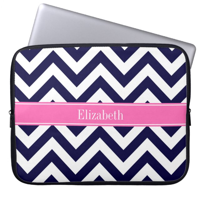 Navy Lg Chevron HotPink2 Quatrefoil Naam Monogram Laptop Sleeve (Voorkant)