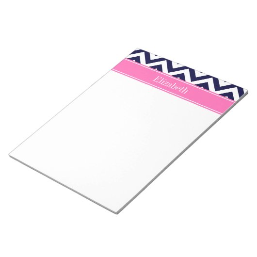 Navy Lg Chevron HotPink2 Quatrefoil Naam Monogram Notitieblok (Schuin)