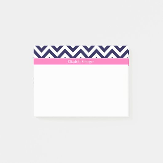 Navy Lg Chevron HotPink2 Quatrefoil Naam Monogram Post-it® Notes (Voorkant)
