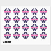 Navy Lg Chevron HotPink2 Quatrefoil Naam Monogram Ronde Sticker (Vel)