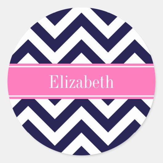 Navy Lg Chevron HotPink2 Quatrefoil Naam Monogram Ronde Sticker (Voorkant)