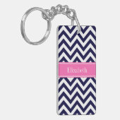 Navy Lg Chevron HotPink2 Quatrefoil Naam Monogram Sleutelhanger (Voorkant Links)