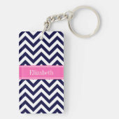 Navy Lg Chevron HotPink2 Quatrefoil Naam Monogram Sleutelhanger (achterkant)