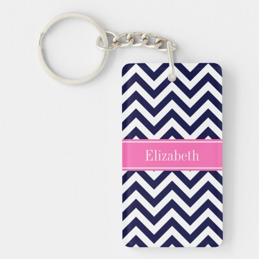 Navy Lg Chevron HotPink2 Quatrefoil Naam Monogram Sleutelhanger (Voorkant)