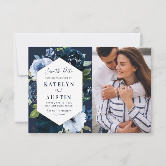 Navy lichtblauw bloemenbruiloft Bewaar de datumkaa Save The Date (Voorkant)