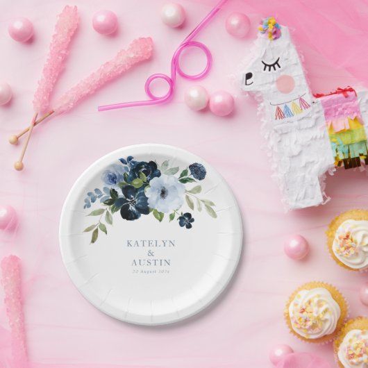 Navy & lichtblauw bloemenbruiloft papieren bordje (Feest)