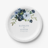 Navy & lichtblauw bloemenbruiloft papieren bordje (Voorkant)